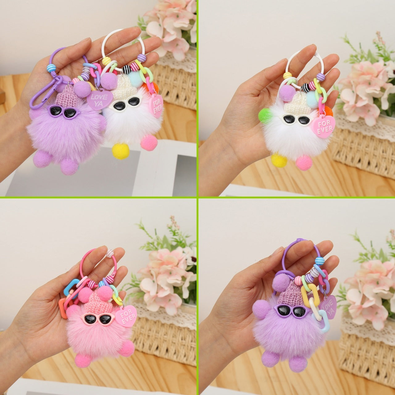 Kawaii Fluffy Pom Pom Monster Plush Keychain with Sunglasses – Cute Cartoon Bag Charm & Key Holder