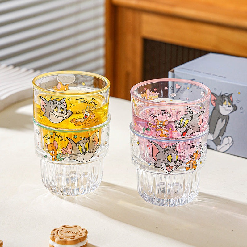 Tom and Jerry Glass Set of 4 with Box | Cartoon Printed Glass Cups | Cute Kawaii Drinking Glasses | Premium Transparent Juice Water Glass Set | Gift Set for Kids & Fans