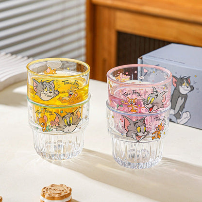 Tom and Jerry Glass Set of 4 with Box | Cartoon Printed Glass Cups | Cute Kawaii Drinking Glasses | Premium Transparent Juice Water Glass Set | Gift Set for Kids & Fans