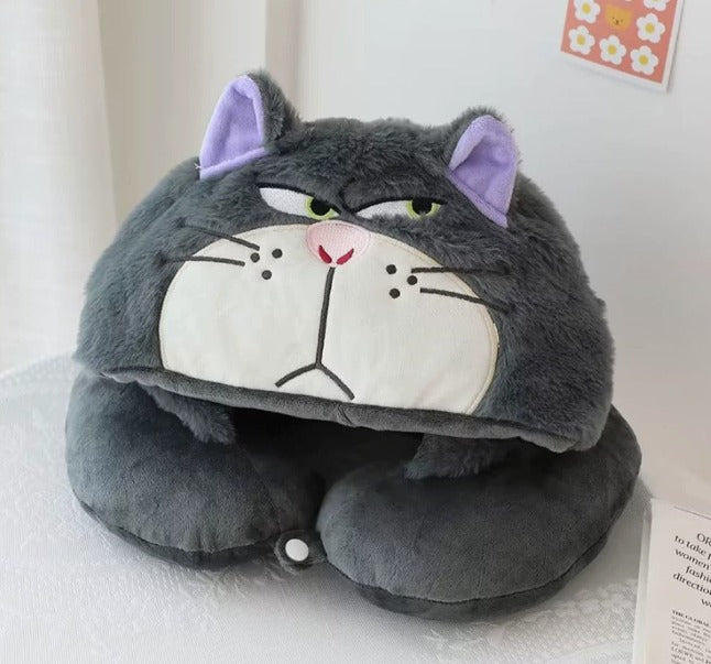 Kawaii Angry Cat U-Shaped Travel Neck Pillow with Hood – Soft Plush Cartoon Neck Support Cushion for Kids & Adults (Grey Cat Design)
