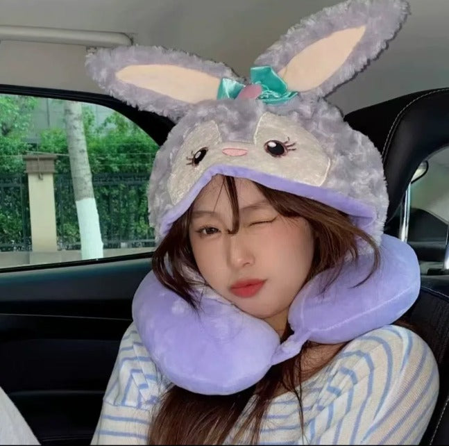 Kawaii Bunny Plush Travel Neck Pillow Hood Cap – Cute Cartoon Rabbit U Shape Memory Cushion for Car, Flight & Sleeping
