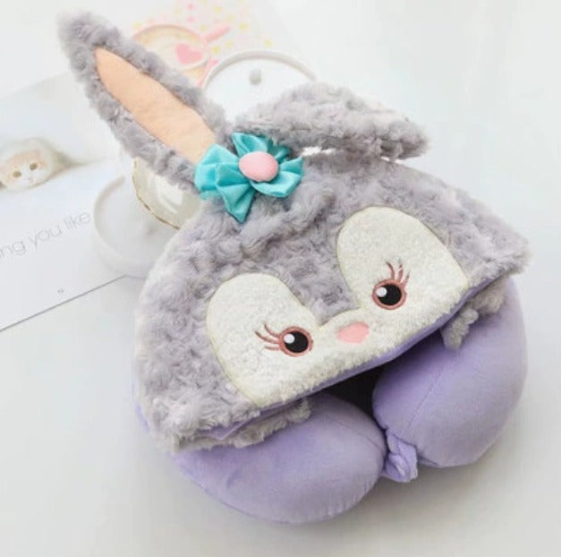 Kawaii Bunny Plush Travel Neck Pillow Hood Cap – Cute Cartoon Rabbit U Shape Memory Cushion for Car, Flight & Sleeping