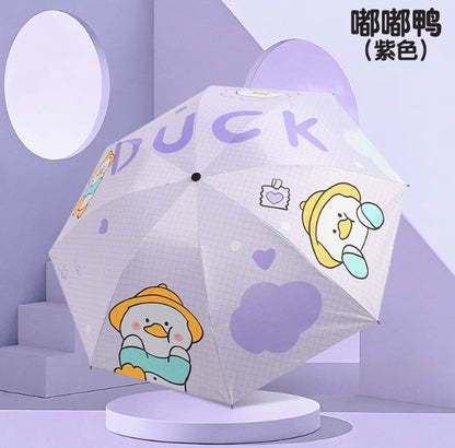 Cute Duck Kids Umbrella – UPF50+ UV Protection Cartoon Umbrella for Children | Lightweight Windproof Rain & Sun Umbrella (Pink, Yellow & Purple)