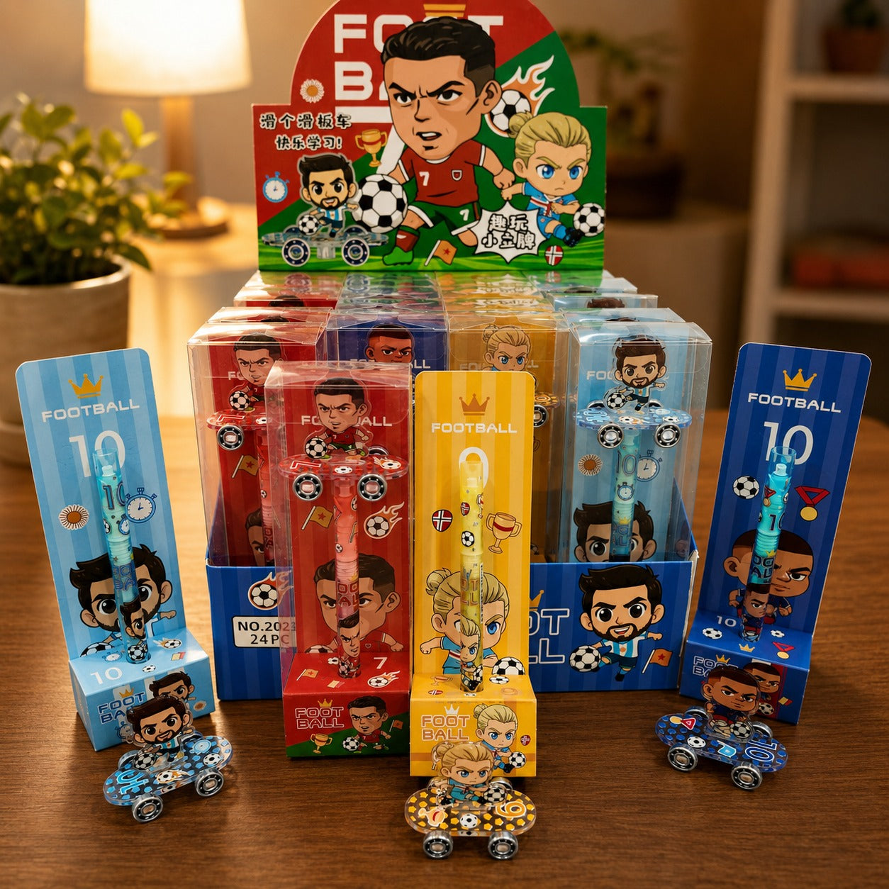 Pack of 4 Football Cartoon Skateboard Gel Pens | Cute Soccer Character Roller Skate Pens | 0.5mm Black Ink Writing Pens for Kids | Fancy School Stationery | Return Gift Pen Set