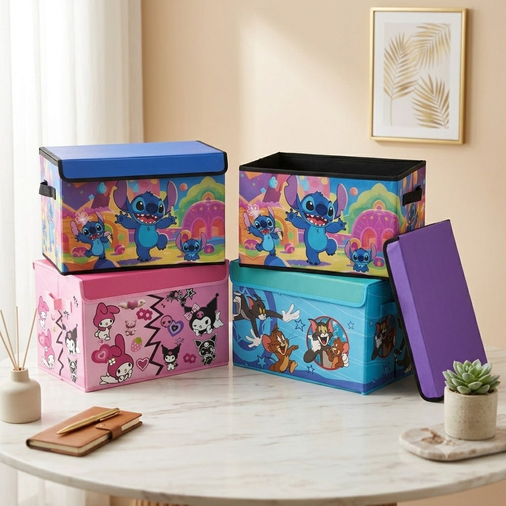 Premium Cartoon Foldable Storage Box with Lid – Large Fabric Organizer Bin for Clothes, Toys, Books & Kids Room | Kuromi, Stitch, Tom & Jerry, My Melody Design