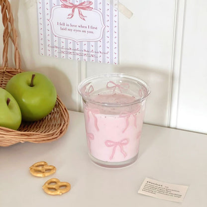 Kawaii Pink Bow Glass Tumbler Cup with Cute Ribbon Print | Aesthetic Drinking Glass for Iced Coffee, Milk, Juice, Bubble Tea & Smoothies | Transparent Glass Cup | Cute Gift for Girls