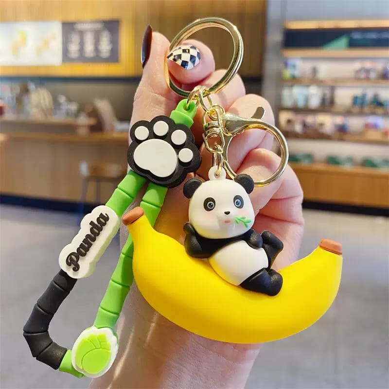 Cute Panda Fruit Keychain | Kawaii Panda Keyring with Banana, Strawberry, Watermelon & Peach Charms | Cute Bag Charm for Kids & Girls