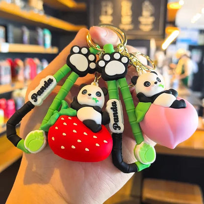 Cute Panda Fruit Keychain | Kawaii Panda Keyring with Banana, Strawberry, Watermelon & Peach Charms | Cute Bag Charm for Kids & Girls