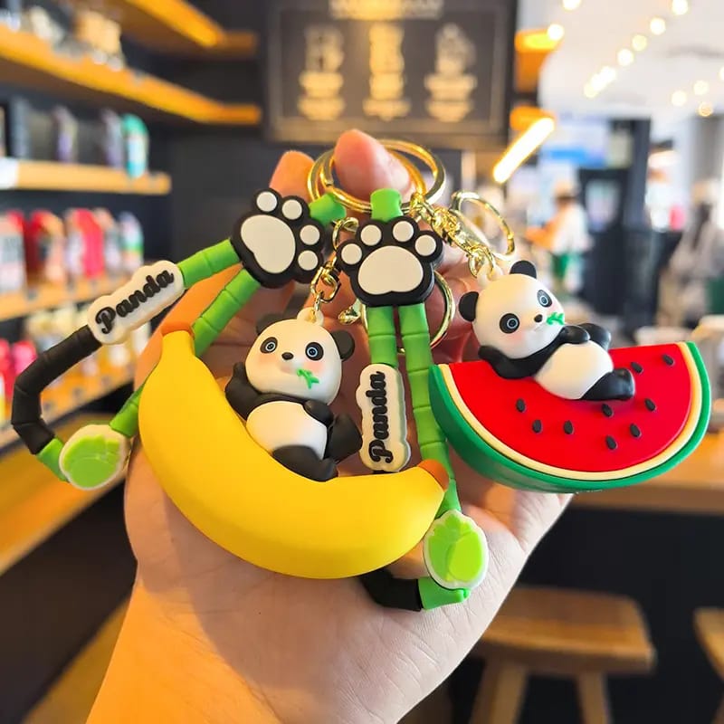 Cute Panda Fruit Keychain | Kawaii Panda Keyring with Banana, Strawberry, Watermelon & Peach Charms | Cute Bag Charm for Kids & Girls