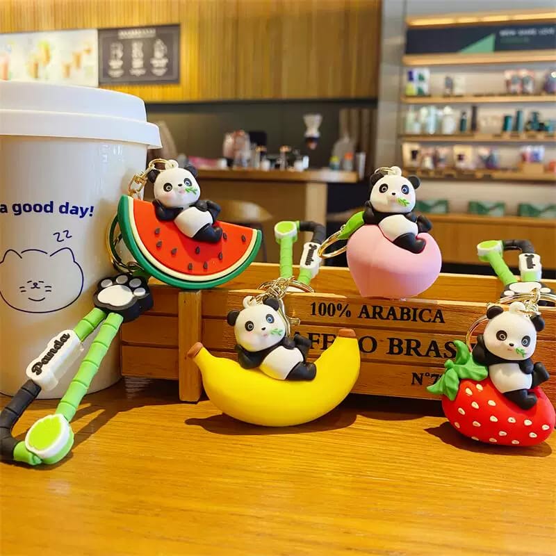 Cute Panda Fruit Keychain | Kawaii Panda Keyring with Banana, Strawberry, Watermelon & Peach Charms | Cute Bag Charm for Kids & Girls