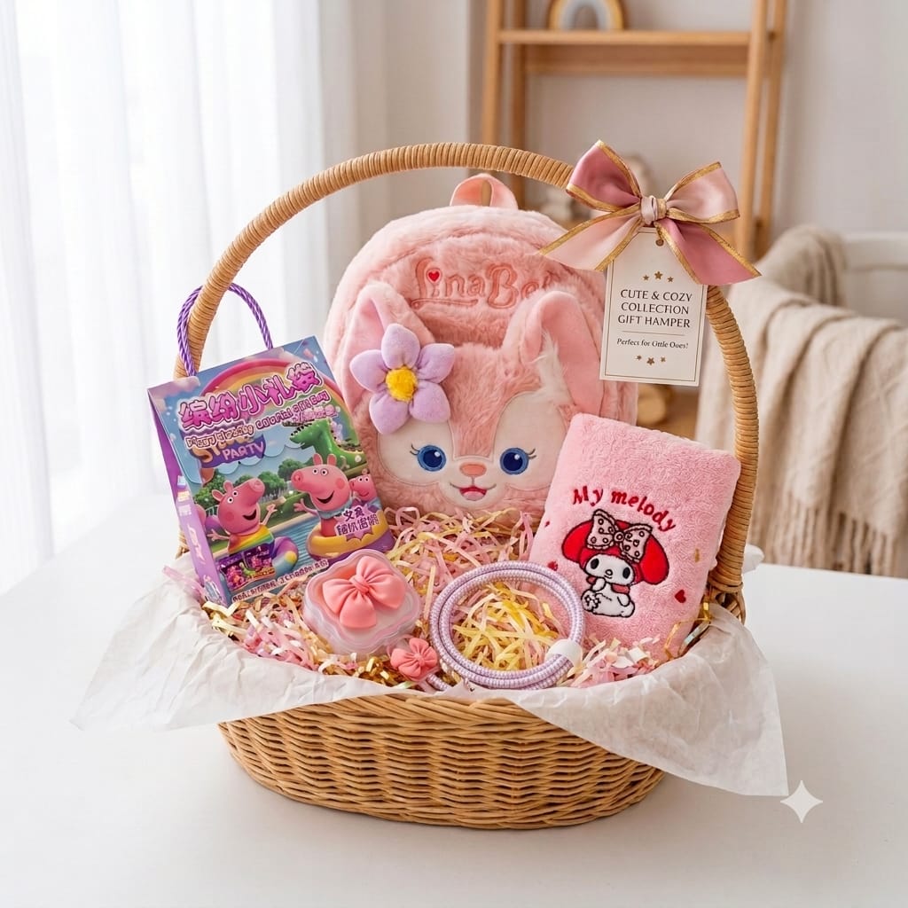 Kawaii Surprise Gift Hamper for Girls &amp; Teens | Decorative Charger Cover, Mini Plush Backpack, Soft Hand Towel &amp; Collectible Gift Set | Cute Aesthetic Gift Box