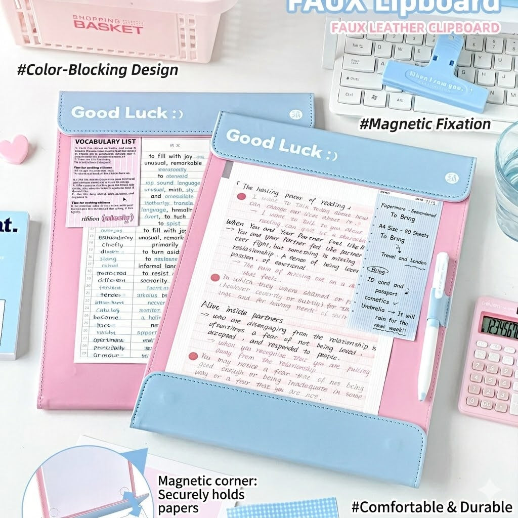 A4 Magnetic Clipboard Folder with Faux Leather Cover – Pastel Pink & Blue Paper Holder, Study Writing Board for Students, Office & School