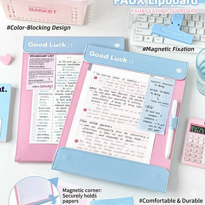 A4 Magnetic Clipboard Folder with Faux Leather Cover – Pastel Pink & Blue Paper Holder, Study Writing Board for Students, Office & School