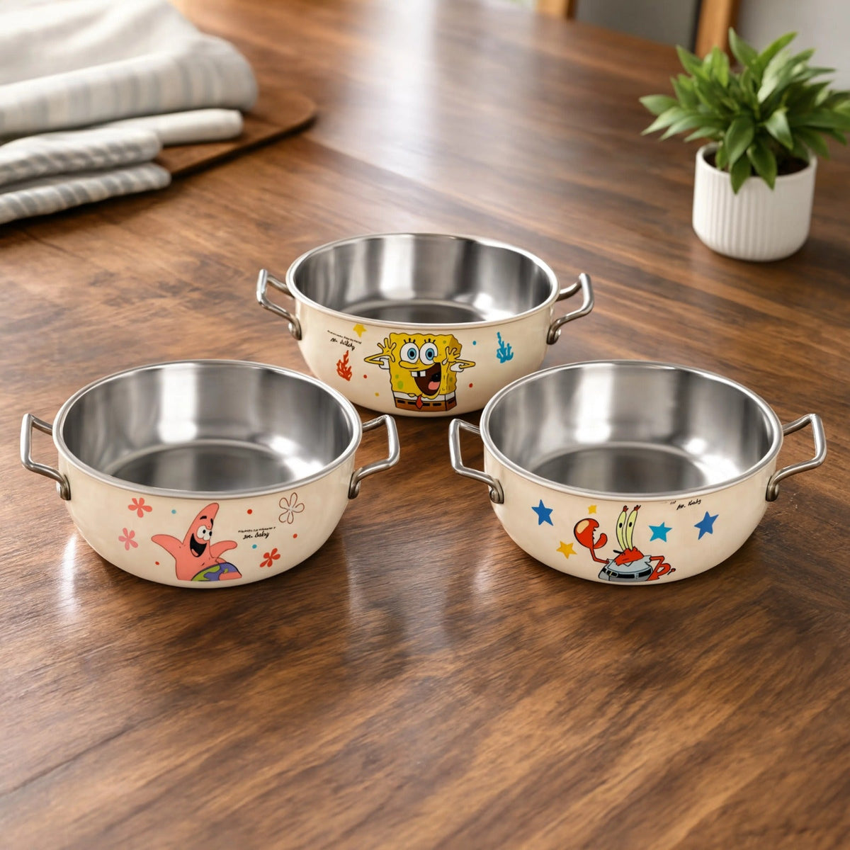 SpongeBob SquarePants Stainless Steel Serving Bowl with Side Handles – Cute Cartoon Cooking & Serving Pot (Single Piece)