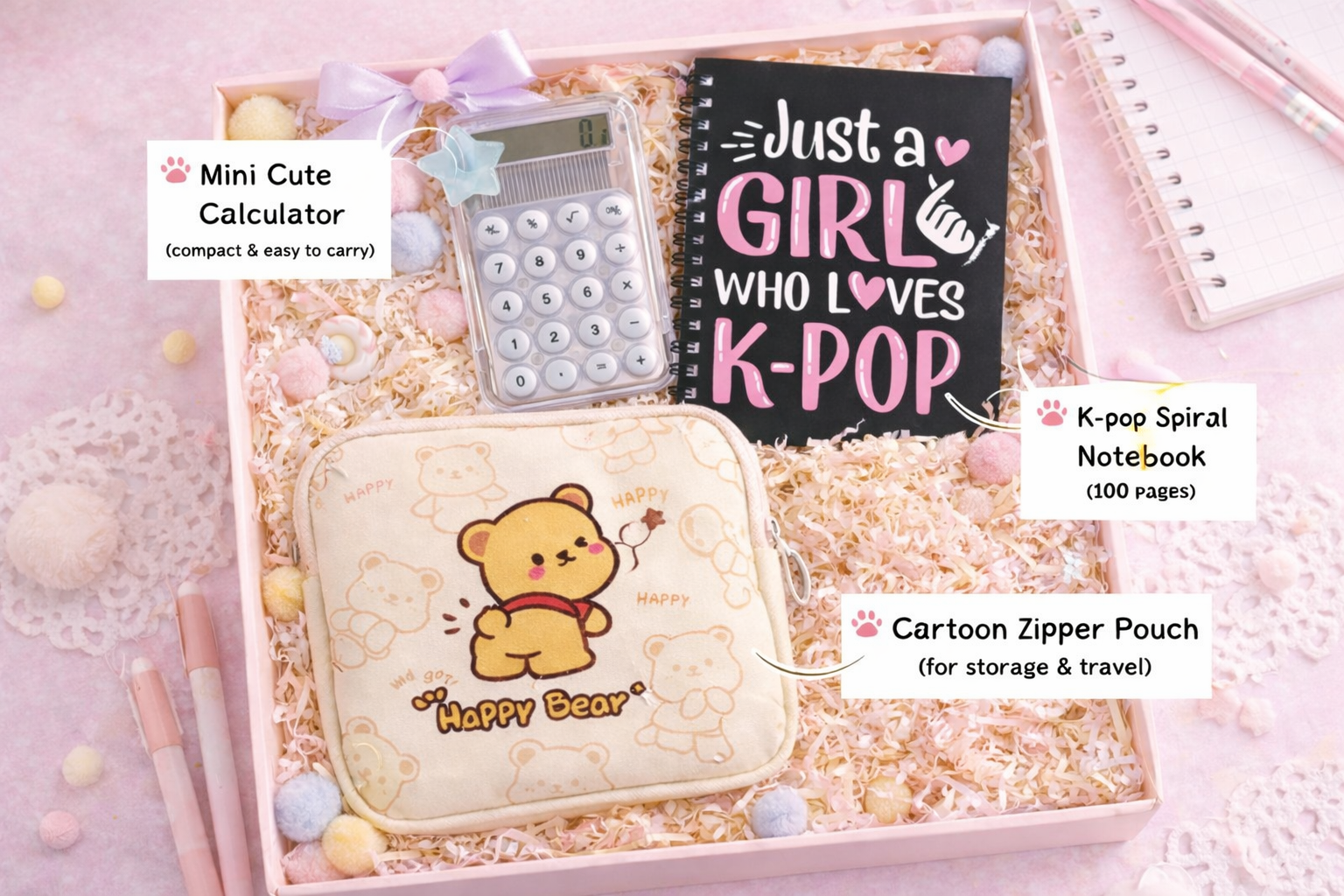 Cute Kawaii Stationery Gift Hamper – Utility Combo Set with Calculator, Notebook, Pouch & Stickers