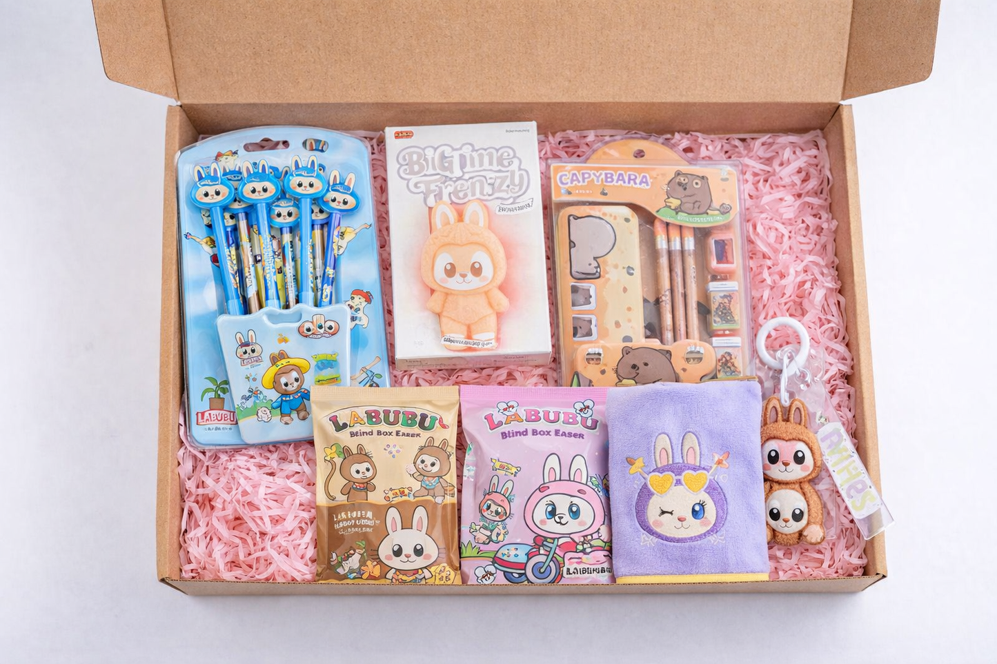 Labubu Premium Cute Hamper Box | Gift Set with Keyring, Blind Plush, Blind Erasers, Stationery Kit, Towel & 6 Pencil Set | Birthday & Return Gift for Kids & Girls