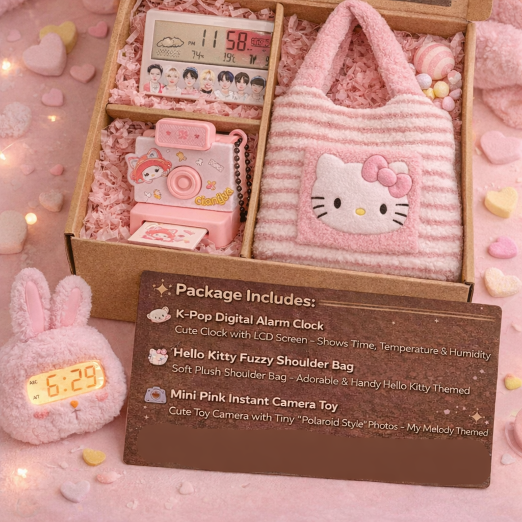 Cute Kawaii Gift Hamper | 3-in-1 Aesthetic Set with Shoulder Bag, Mini Camera Toy, Digital Alarm Clock & Bunny Clock | Perfect Gift for Girls & Teens