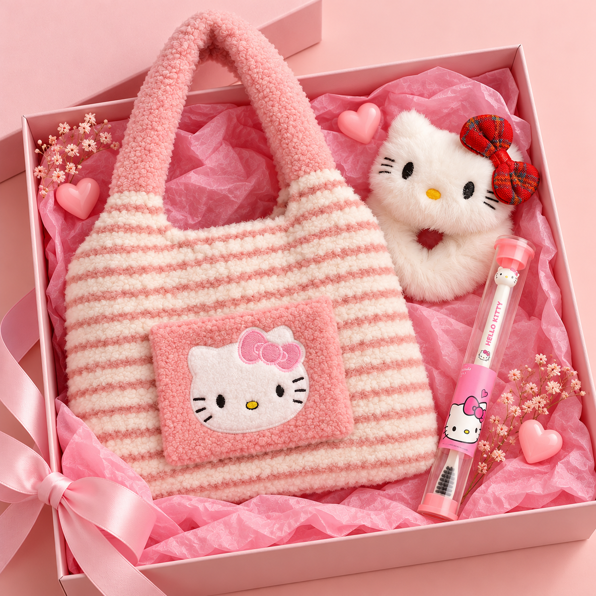 Hello Kitty Gift Hamper for Girls with Plush Tote Bag, Cat Face Hair Scrunchie and Toothbrush, Kawaii Birthday Gift Set