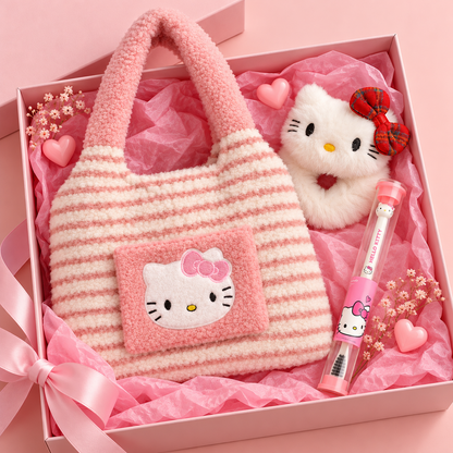 Hello Kitty Gift Hamper for Girls with Plush Tote Bag, Cat Face Hair Scrunchie and Toothbrush, Kawaii Birthday Gift Set