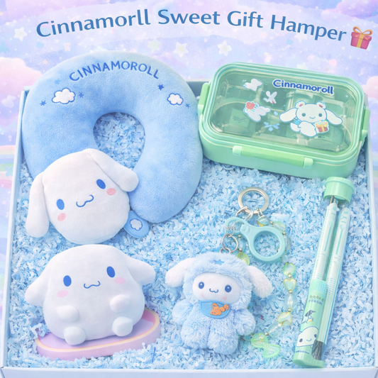 Cinnamoroll Sweet Kawaii Gift Hamper – Sanrio Gift Box with Neck Pillow, Lunch Box, Plush Toy, Keychain & Gel Pens