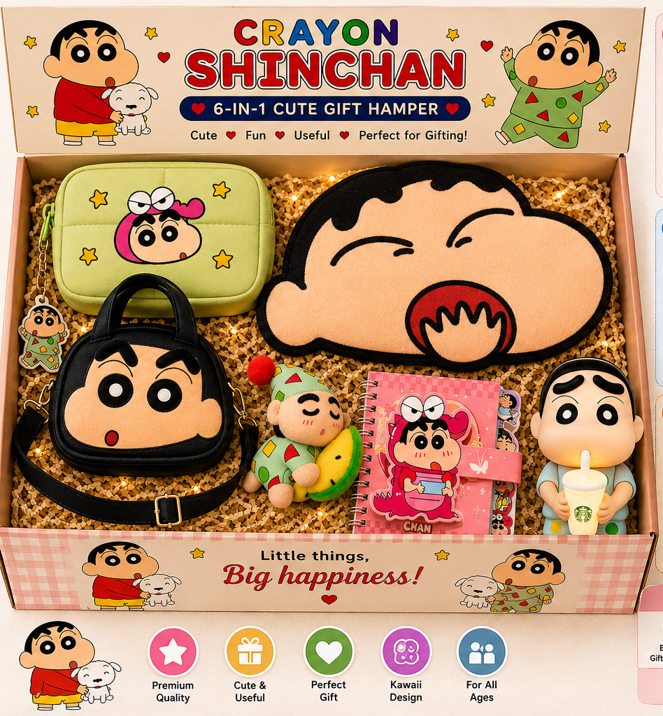 Crayon Shinchan 6-in-1 Cute Gift Hamper Box – Premium Kawaii Anime Gift Set for Kids, Girls & Shinchan FansCrayon Shinchan 6-in-1 Cute Gift Hamper Box – Premium Kawaii Anime Gift Set for Kids, Girls & Shinchan Fans