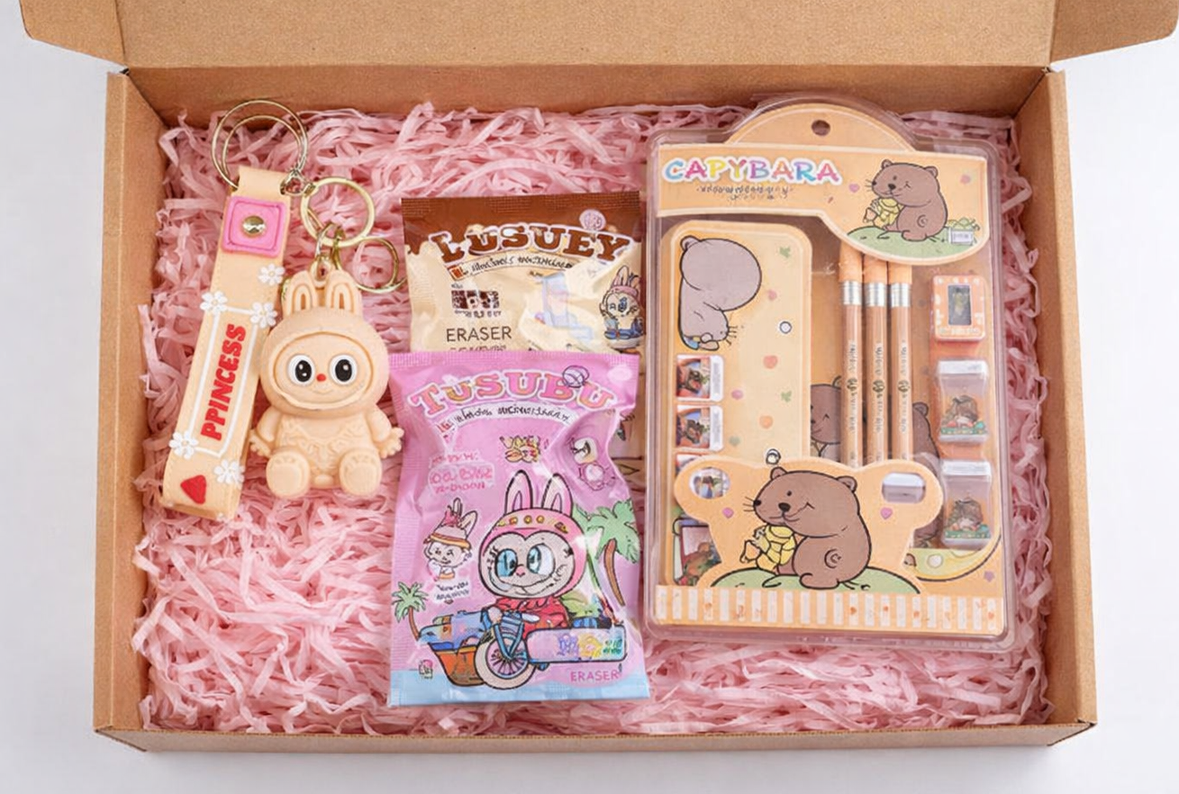 Labubu Cute Stationery Hamper Box | Premium Gift Set with Keyring, Blind Eraser & Stationery Kit | Aesthetic Return Gift for Kids & Girls