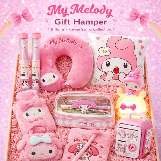 My Melody Kawaii Sanrio Gift Hamper – 10 Items Cute Gift Box Set with Pillow, Neck Cushion, Pencil Case, Light Lamp & Accessories