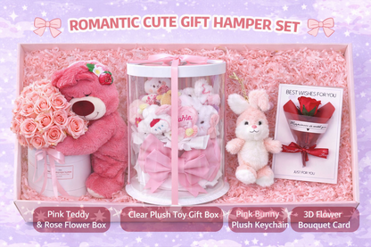 Romantic Cute Gift Hamper – Teddy Rose Box, Plush Toy Gift Box, Bunny Keychain &amp; 3D Flower Card | Premium Gift Combo