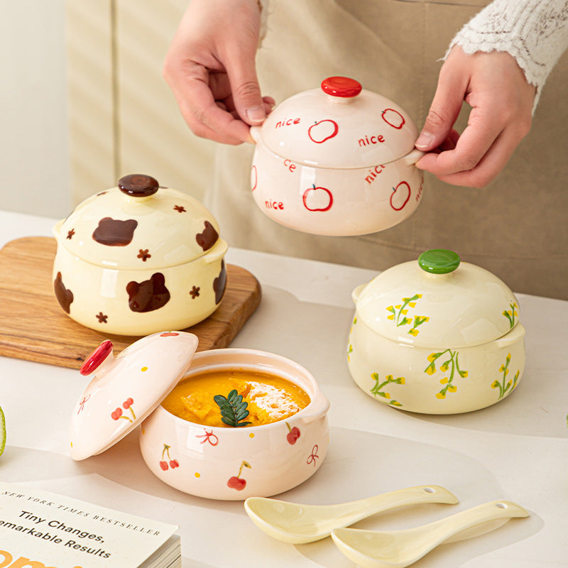 Cute Ceramic Casserole Bowl with Lid | Kawaii Cartoon Printed Soup Bowl, Japanese-Style Ceramic Serving Pot for Rice, Curry & Noodles