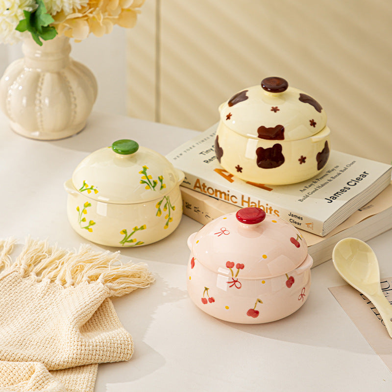 Cute Ceramic Casserole Bowl with Lid | Kawaii Cartoon Printed Soup Bowl, Japanese-Style Ceramic Serving Pot for Rice, Curry & Noodles