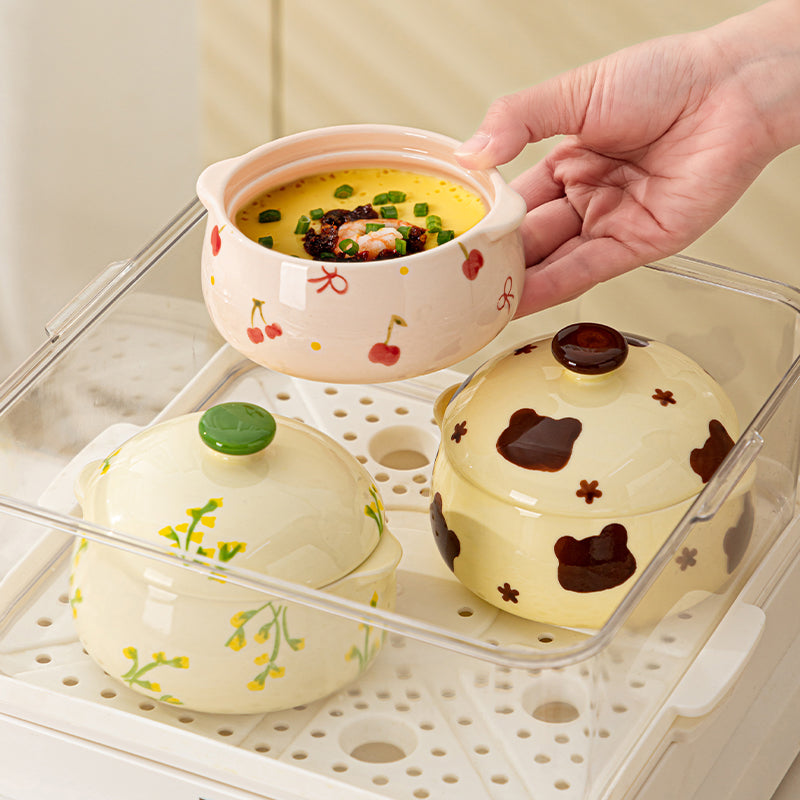 Cute Ceramic Casserole Bowl with Lid | Kawaii Cartoon Printed Soup Bowl, Japanese-Style Ceramic Serving Pot for Rice, Curry & Noodles