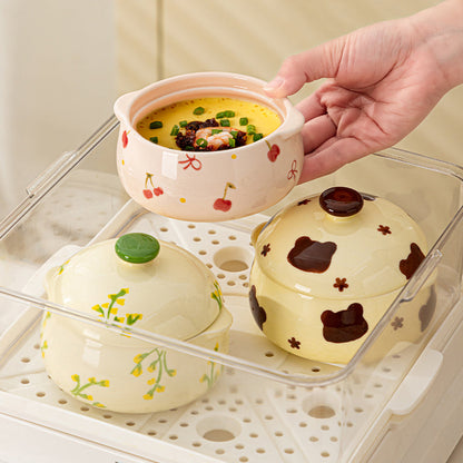Cute Ceramic Casserole Bowl with Lid | Kawaii Cartoon Printed Soup Bowl, Japanese-Style Ceramic Serving Pot for Rice, Curry & Noodles