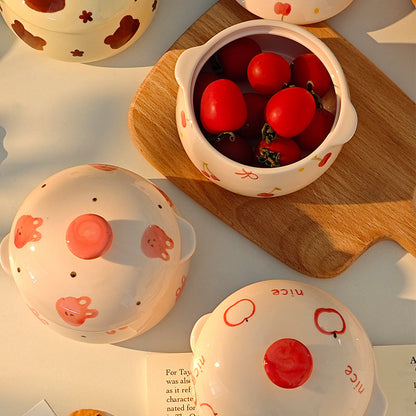 Cute Ceramic Casserole Bowl with Lid | Kawaii Cartoon Printed Soup Bowl, Japanese-Style Ceramic Serving Pot for Rice, Curry & Noodles