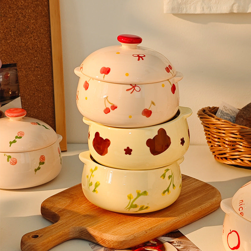 Cute Ceramic Casserole Bowl with Lid | Kawaii Cartoon Printed Soup Bowl, Japanese-Style Ceramic Serving Pot for Rice, Curry & Noodles