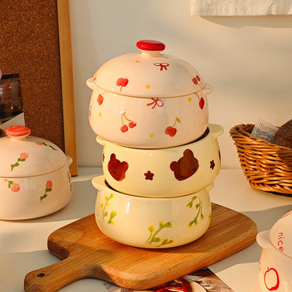 Cute Ceramic Casserole Bowl with Lid | Kawaii Cartoon Printed Soup Bowl, Japanese-Style Ceramic Serving Pot for Rice, Curry & Noodles