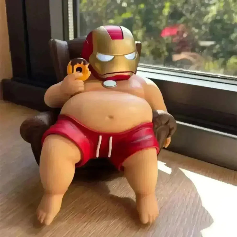 Fat Iron Hero Lazy Day Collectible Figure with Donut & Sofa | Funny Superhero Parody PVC Action Figure | Cute Desk Decor, Anime Toy, Gift for Marvel Fans