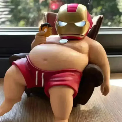 Fat Iron Hero Lazy Day Collectible Figure with Donut & Sofa | Funny Superhero Parody PVC Action Figure | Cute Desk Decor, Anime Toy, Gift for Marvel Fans