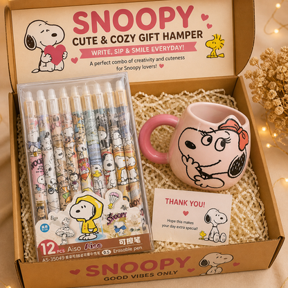Snoopy Write & Sip Gift Hamper – Cute & Aesthetic Mug + 12 PCS Erasable Pen Combo for Everyday Joy