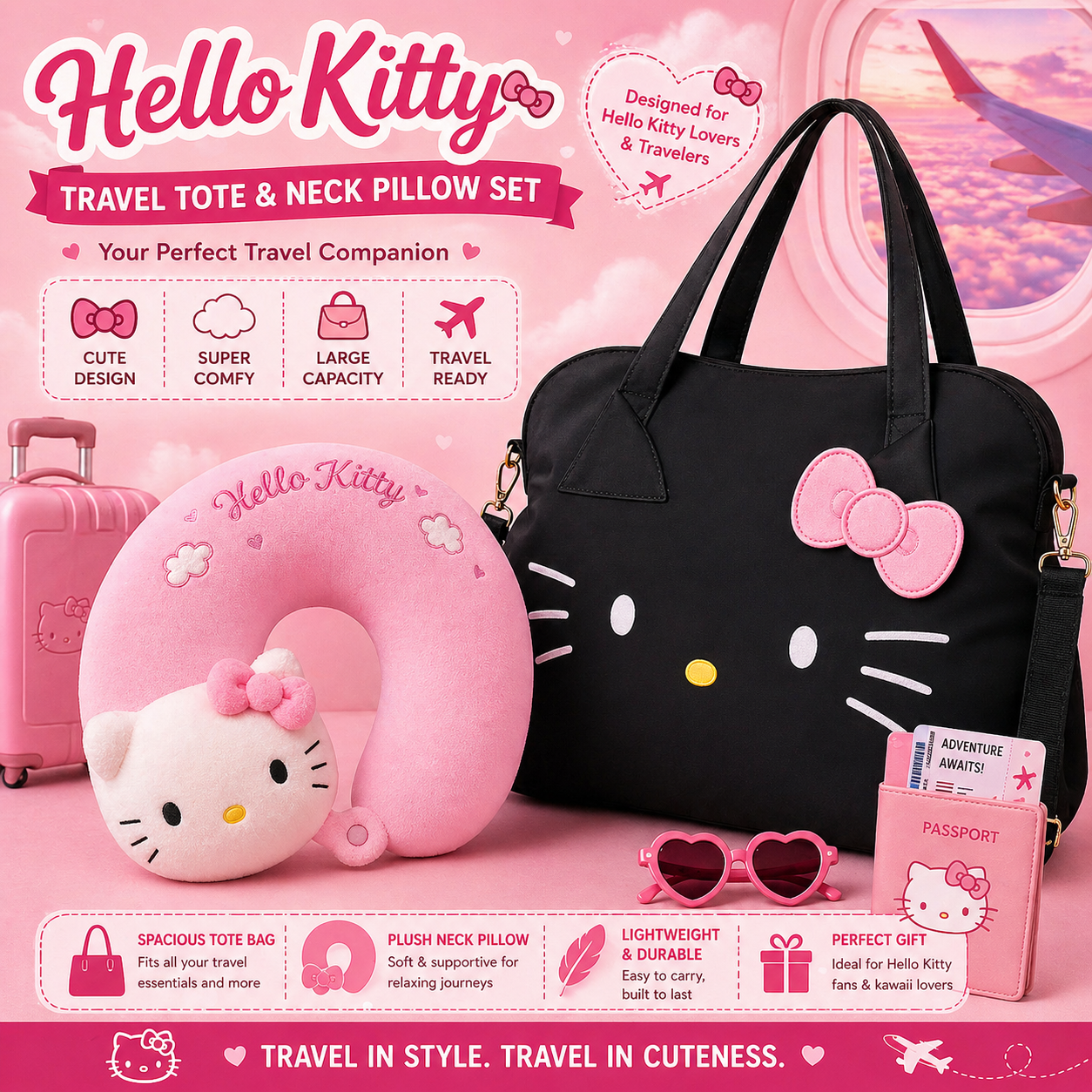 Hello Kitty Travel Essentials Set 🎀 Tote Bag & Neck Pillow Combo for Girls & Travelers