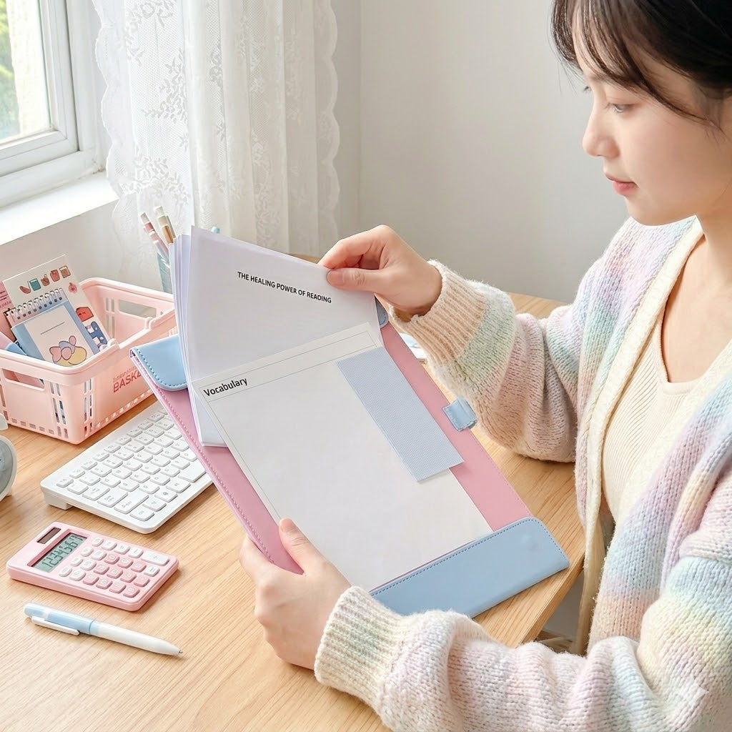 A4 Magnetic Clipboard Folder with Faux Leather Cover – Pastel Pink & Blue Paper Holder, Study Writing Board for Students, Office & School