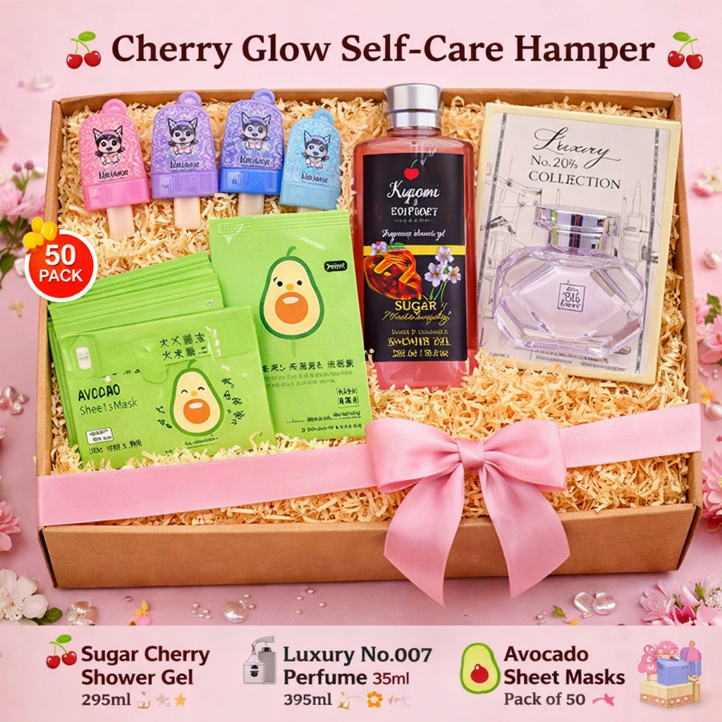 Ultimate Cute Skincare & Beauty Hamper | Cherry Shower Gel + Perfume + 50 Sheet Masks + 6 Lip Balms | Budget Luxury Gift Set for Birthdays & Gifting