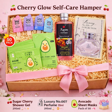 Ultimate Cute Skincare & Beauty Hamper | Cherry Shower Gel + Perfume + 50 Sheet Masks + 6 Lip Balms | Budget Luxury Gift Set for Birthdays & Gifting