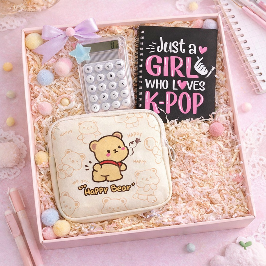 Cute Kawaii Stationery Gift Hamper – Utility Combo Set with Calculator, Notebook, Pouch & Stickers