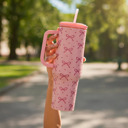 Kawaii Pink Bow Tumbler with Handle & Straw – 1L Large Capacity Cute Travel Cup