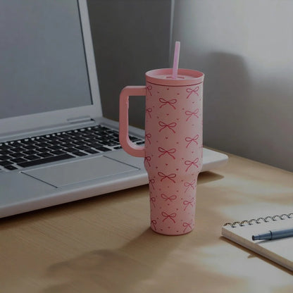 Kawaii Pink Bow Tumbler with Handle & Straw – 1L Large Capacity Cute Travel Cup
