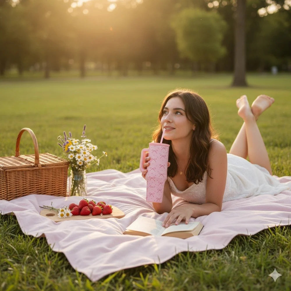 Kawaii Pink Bow Tumbler with Handle & Straw – 1L Large Capacity Cute Travel Cup