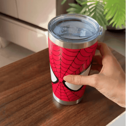 Spider-Man Stainless Steel Insulated Tumbler with Transparent Lid | Red Superhero Travel Coffee Mug