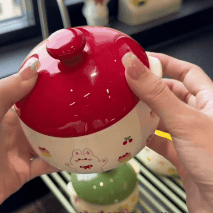 Cute Ceramic Casserole Bowl with Lid | Kawaii Cartoon Printed Soup Bowl, Japanese-Style Ceramic Serving Pot for Rice, Curry & Noodles