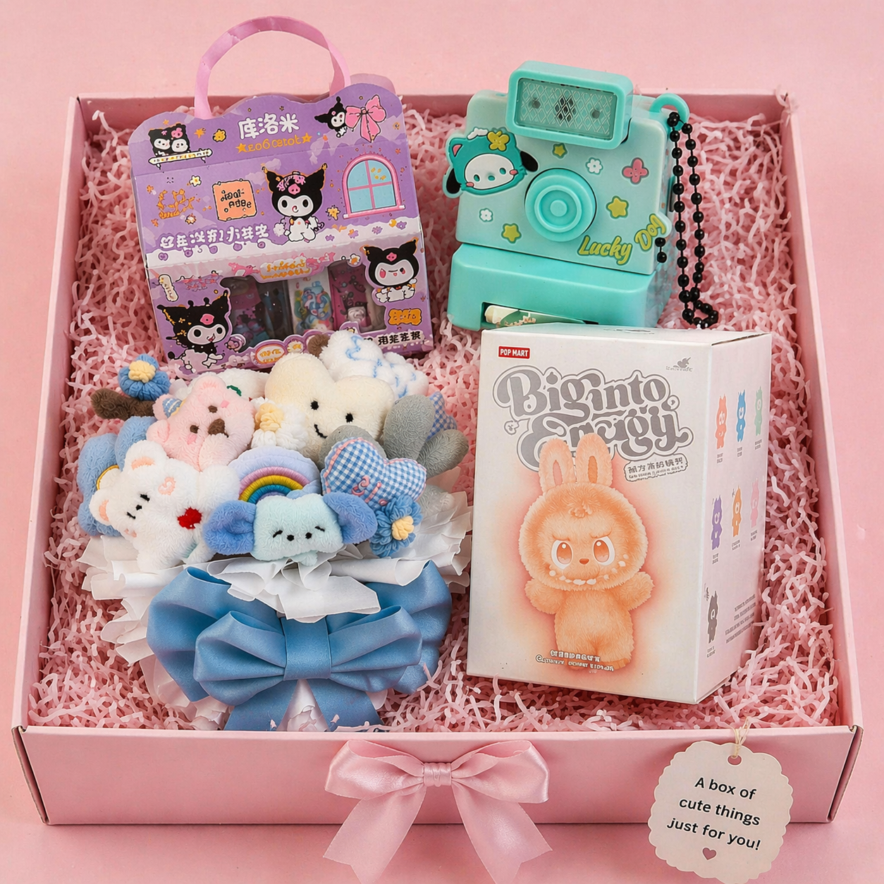 Kawaii Surprise Gift Hamper – Washi Tape Set, Lucky Cartoon Camera, Plush Flower Bouquet & Blind Box Combo