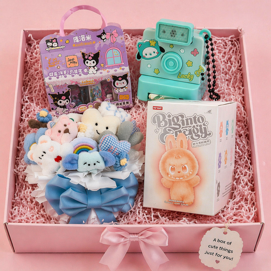 Kawaii Surprise Gift Hamper – Washi Tape Set, Lucky Cartoon Camera, Plush Flower Bouquet & Blind Box Combo